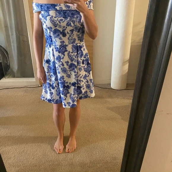 Charlotte Russe Dresses | White And Blue Off The Shoulder Floral Dress | Color: Blue/White | Size: L | Linzlou2309's Closet Charlotte Russe Dresses | White And Blue Off The Shoulder Floral Dress | Color: Blue/White | Size: L | Linzlou2309's Closet
